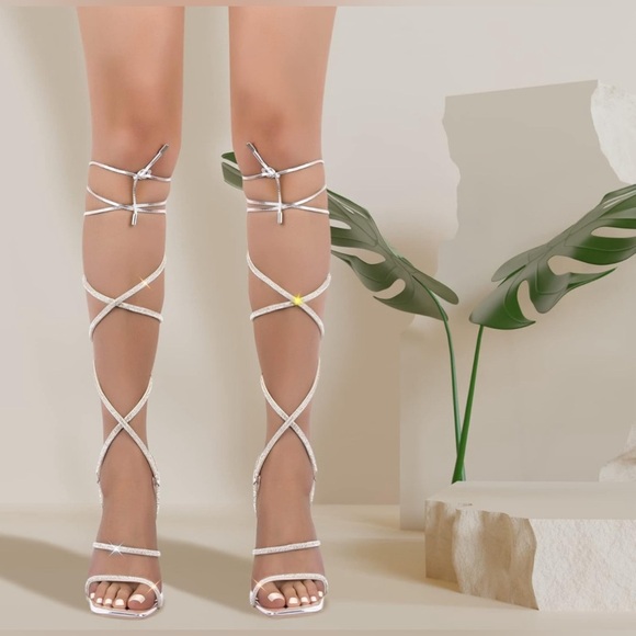 Lace Up Ankle Strappy Open Toe Knee High Adjustale Sparkly Strap Heeled Sandals - Picture 4 of 7